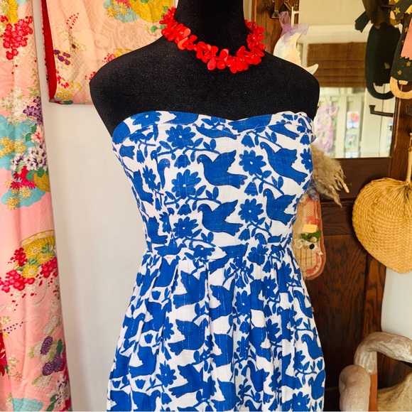 Old Navy Blue and White Strapless Bird & Floral Print Dress - Picture 3 of 5